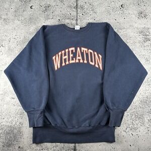 Vintage 90s Champion Reverse Weave Navy Blue Wheaton Sweatshirt XL Made In USA